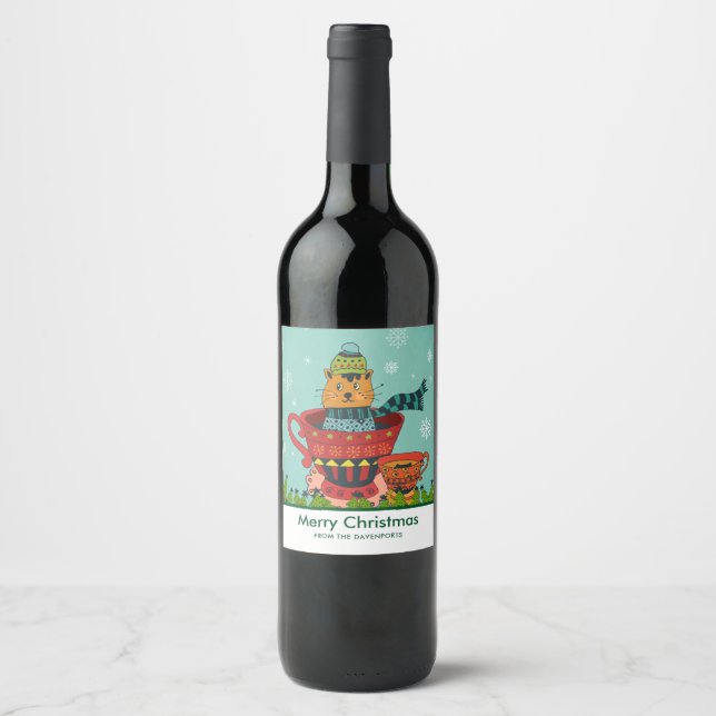 Whimsical Cat Sitting in a Teacup Christmas Wine Label (Front)