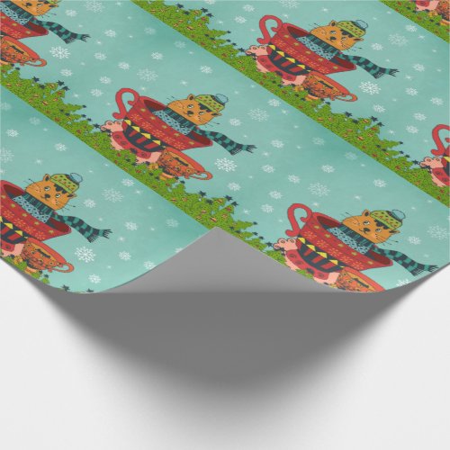 Whimsical Cat Sitting in a Teacup Christmas Wrapping Paper