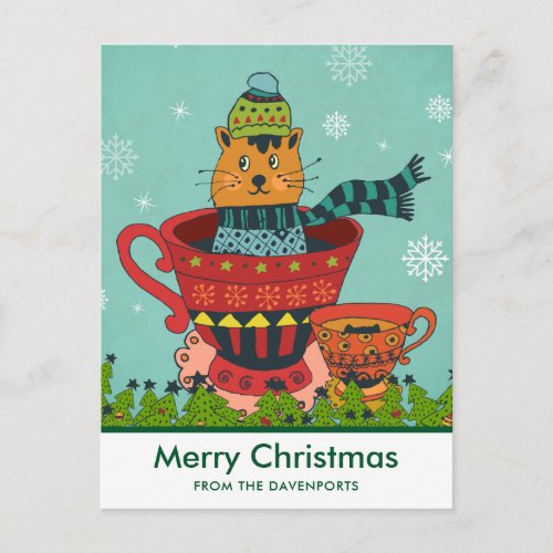 Whimsical Cat Sitting in a Teacup Merry Christmas Postcard