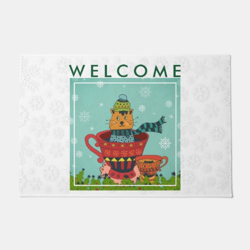 Whimsical Cat Sitting in a Teacup Welcome Doormat