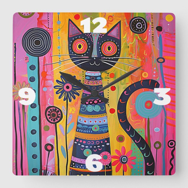 Whimsical Cat Square Wall Clock (Front)