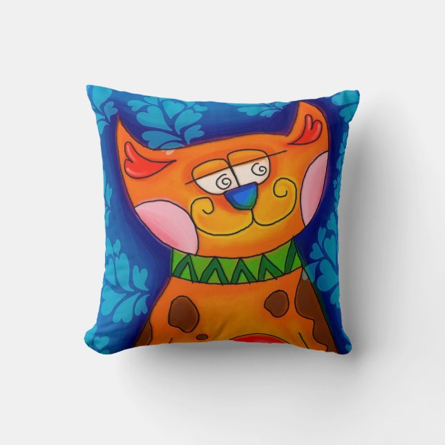 Whimsical Cat Throw Pillow (Front)