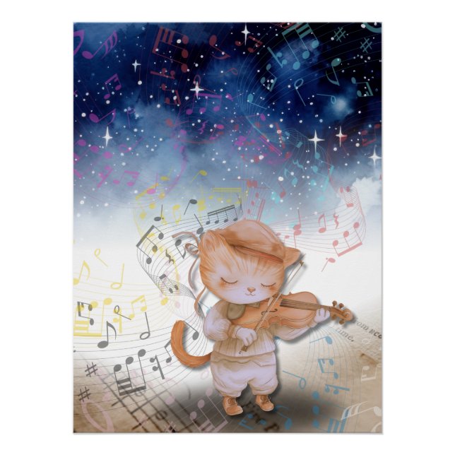 Whimsical Cat Violinist Fantasy Art Poster (Front)