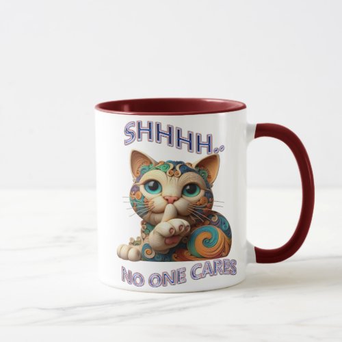 Whimsical Cat Whispers Shhh No One Cares Mug