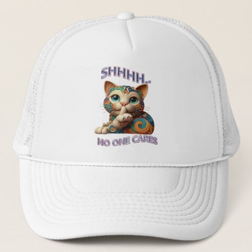 Whimsical Cat Whispers Shhh No One Cares Trucker Hat