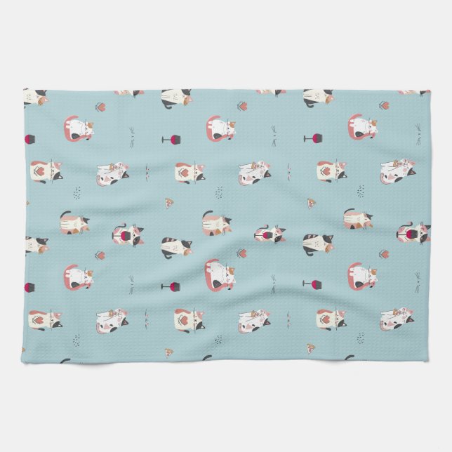 Whimsical Cat & Wine Kitchen Towels (Horizontal)