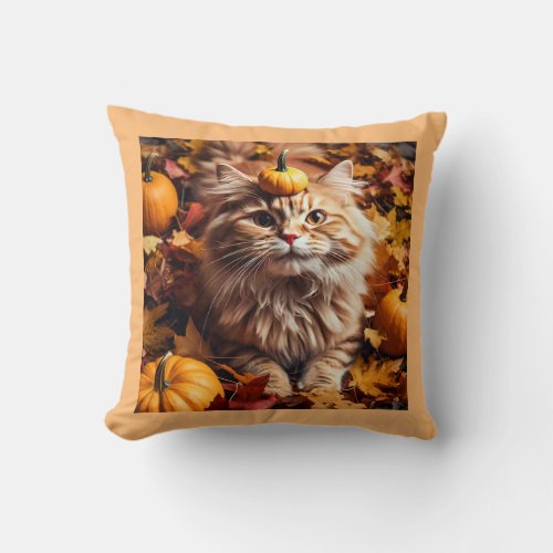 Whimsical Cat with Autumn Pumpkins Throw Pillow