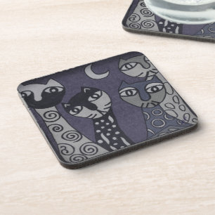 Whimsical Cats Abstract Fabric Art Beverage Coaster