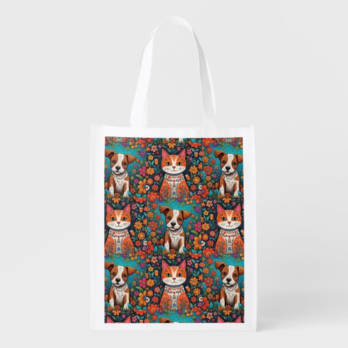 Whimsical Cats and Dog with Folk Art Flowers Grocery Bag