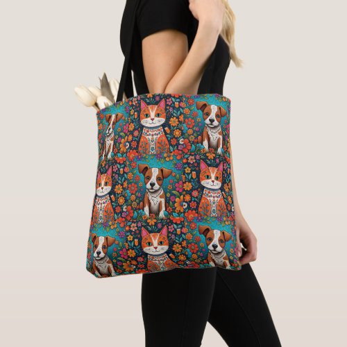 Whimsical Cats and Dog with Folk Art Flowers Tote Bag