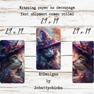 Whimsical Cats as Witches Purple Decoupage Wrapping Paper Sheets