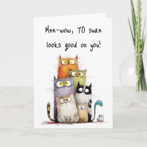 Whimsical Cats Big Eyes 70th Birthday Greeting