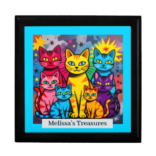 [Whimsical Cats] Colorful Folk Pop Art Keepsake Gift Box
