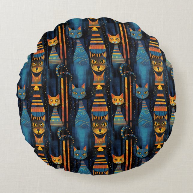 Whimsical Cats Egyptian AI Art Round Pillow (Front)