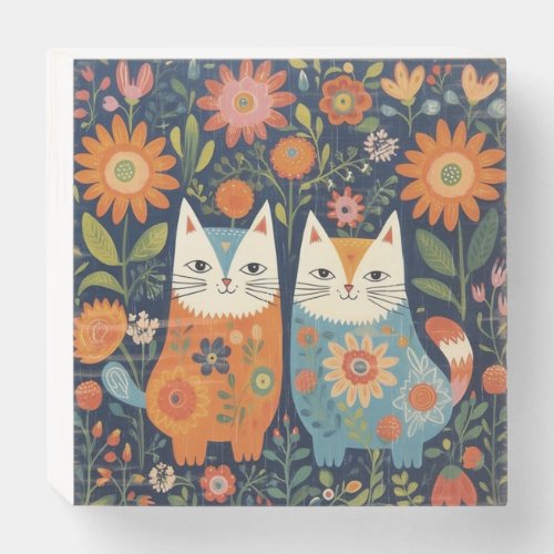 Whimsical Cats Floral Wooden Box Sign