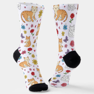 Whimsical Cats Hearts and Flowers Colorful  Socks
