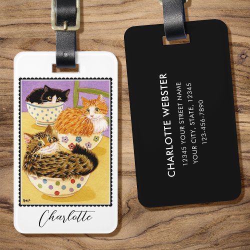 Whimsical Cats in Bowls Custom Name Luggage Tag