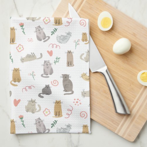 Whimsical Cats Neutral Color Illustration Kitchen Towel