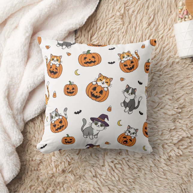 Whimsical Cats & Pumpkins Halloween Throw Pillow (Blanket)