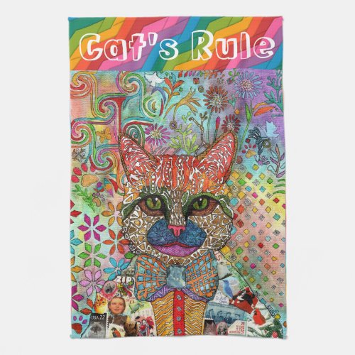 Whimsical Cats Rule Mixed Media Cat Kitchen Towel
