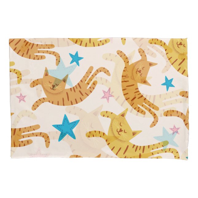 Whimsical Cats & Stars: Kids' Fashion Pattern Pillow Case (Front)