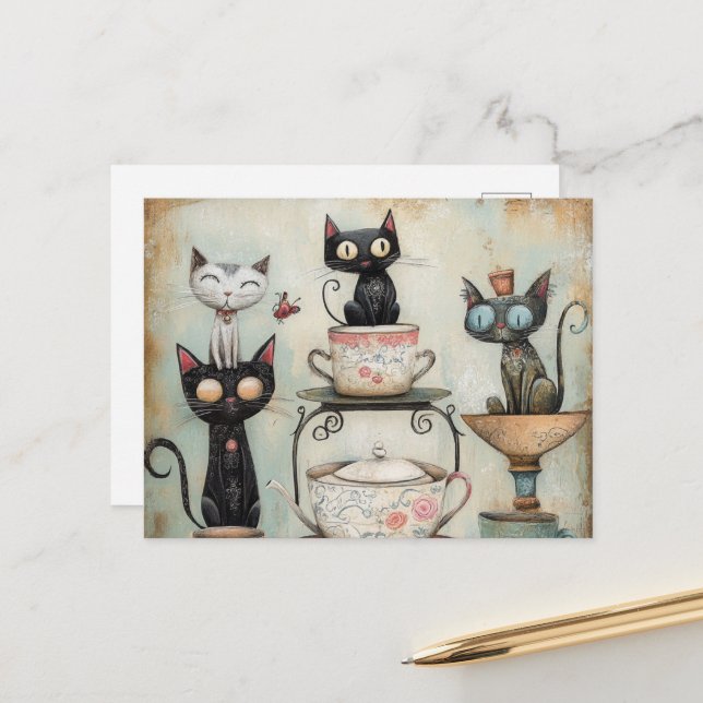 Whimsical Cats Tea Party Postcard (Front/Back In Situ)