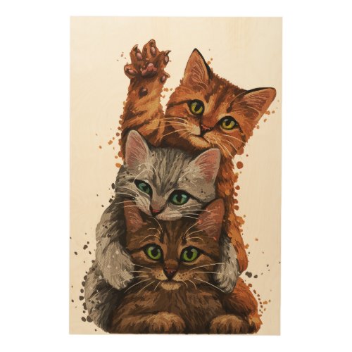 Whimsical Cats Trio Playful Stacks Wood Wall Art