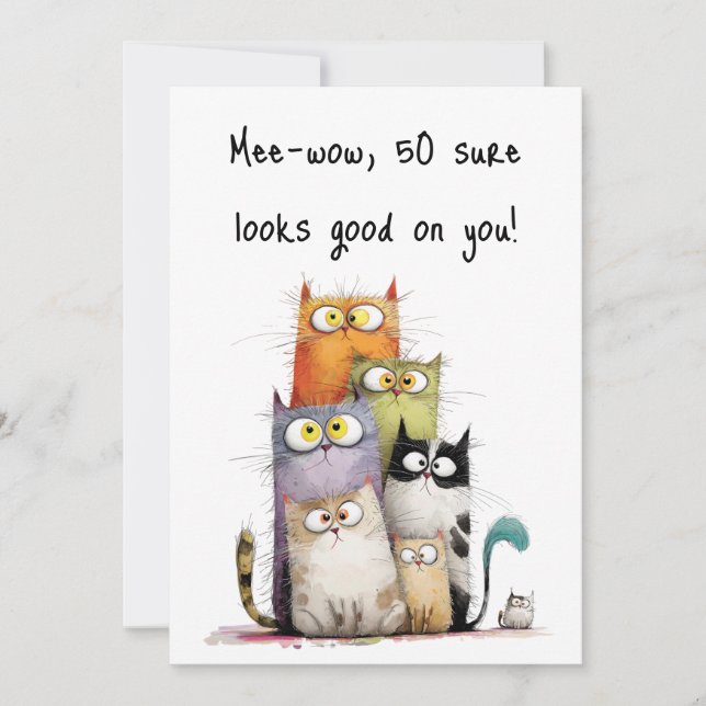 Whimsical Cats with Big Eyes 50th Birthday Flat Card (Front)