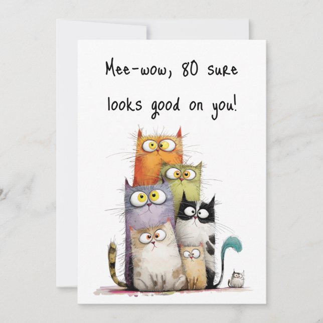 Whimsical Cats with Big Eyes 80th Birthday Flat Card (Front)