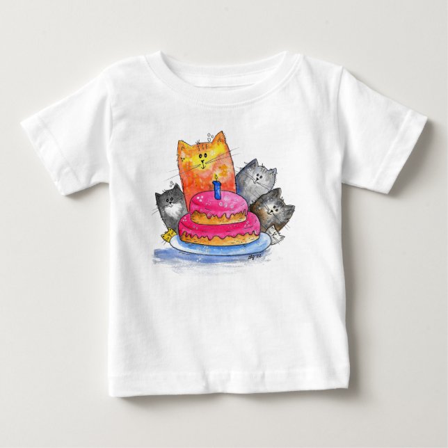 Whimsical Cats with Birthday Cake Baby T-Shirt (Front)
