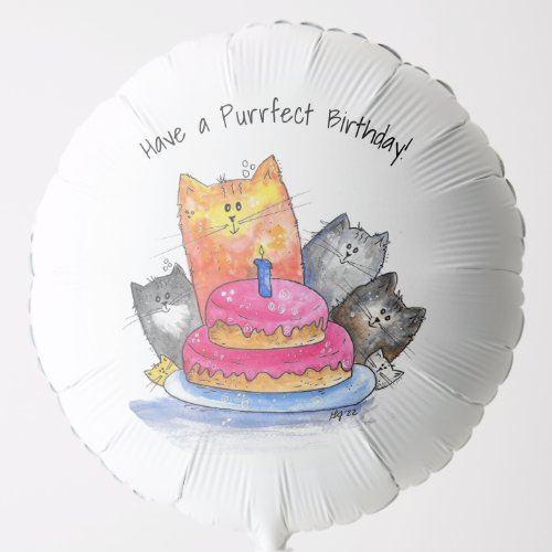 Whimsical Cats with Birthday Cake Balloon