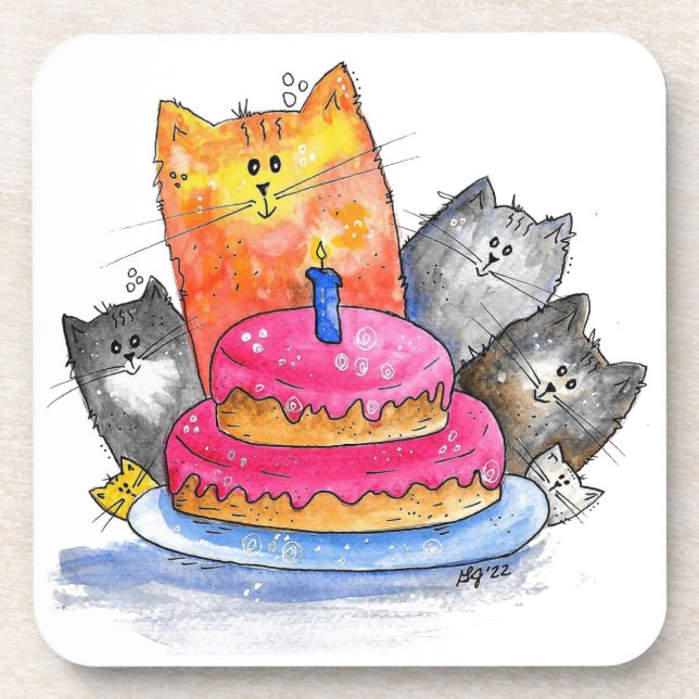 Whimsical Cats with Birthday Cake Beverage Coaster (Front)