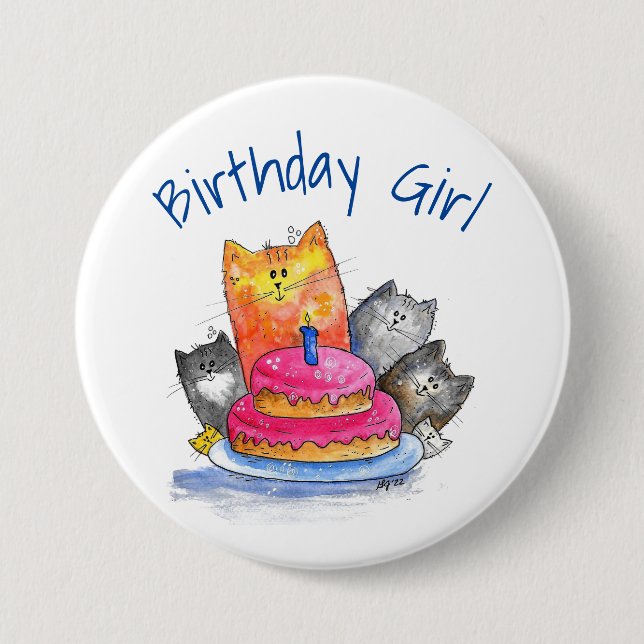 Whimsical Cats with Birthday Cake Button (Front)