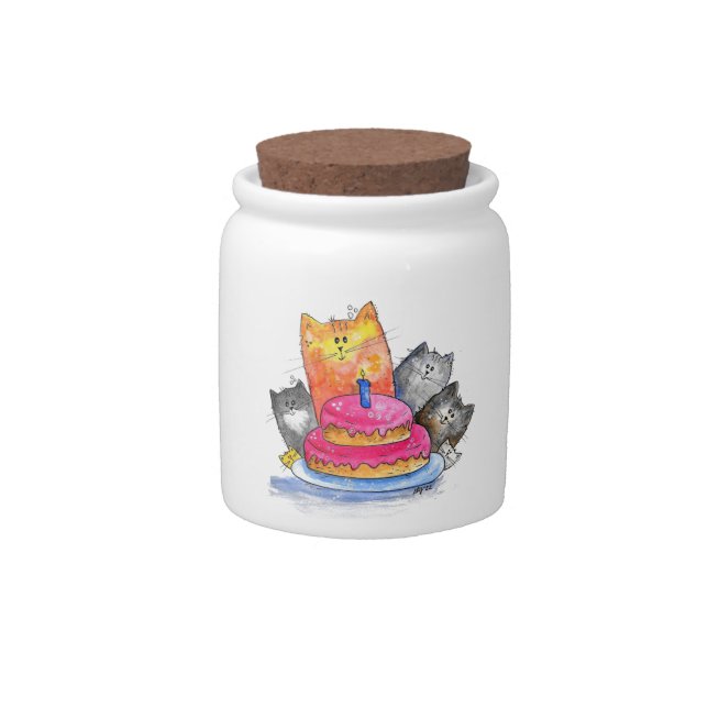 Whimsical Cats with Birthday Cake Candy Jar (Front)