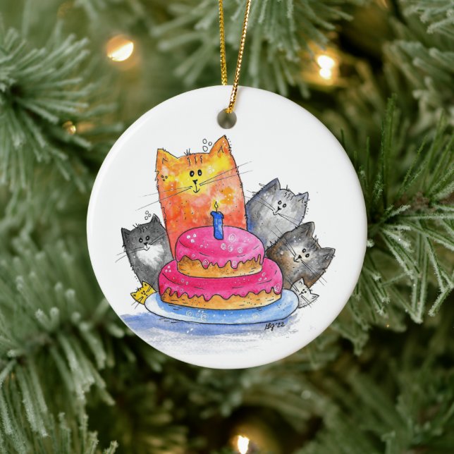 Whimsical Cats with Birthday Cake Ceramic Ornament (Tree)