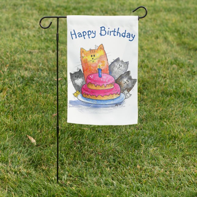 Whimsical Cats with Birthday Cake Garden Flag (In SItu)