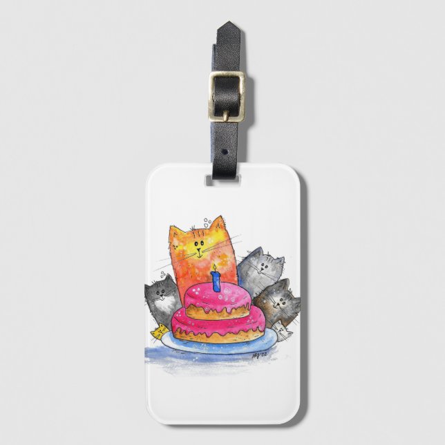 Whimsical Cats with Birthday Cake Luggage Tag (Front Vertical)