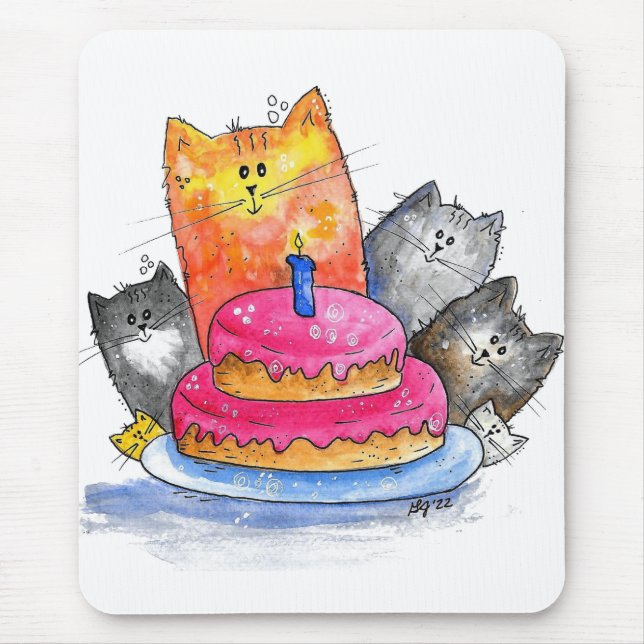 Whimsical Cats with Birthday Cake Mouse Pad (Front)
