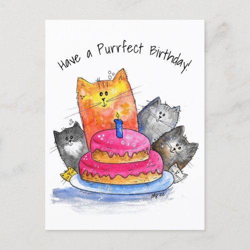 Whimsical Cats with Birthday Cake Postcard