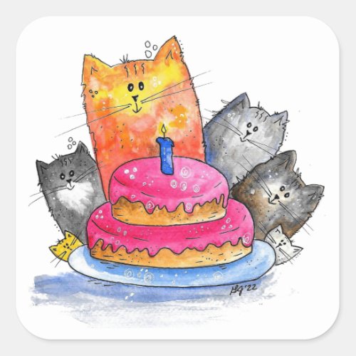 Whimsical Cats with Birthday Cake Square Sticker