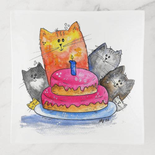 Whimsical Cats with Birthday Cake Trinket Tray