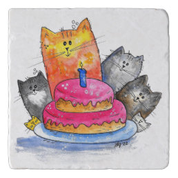 Whimsical Cats with Birthday Cake Trivet