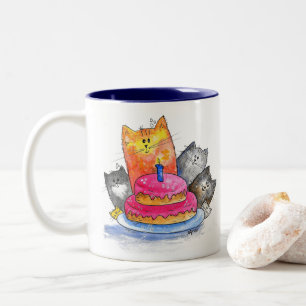 Whimsical Cats with Birthday Cake Two-Tone Coffee Mug