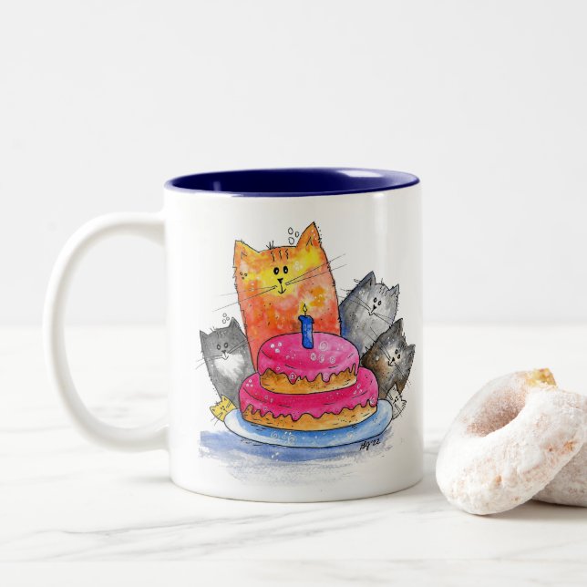 Whimsical Cats with Birthday Cake Two-Tone Coffee Mug (With Donut)