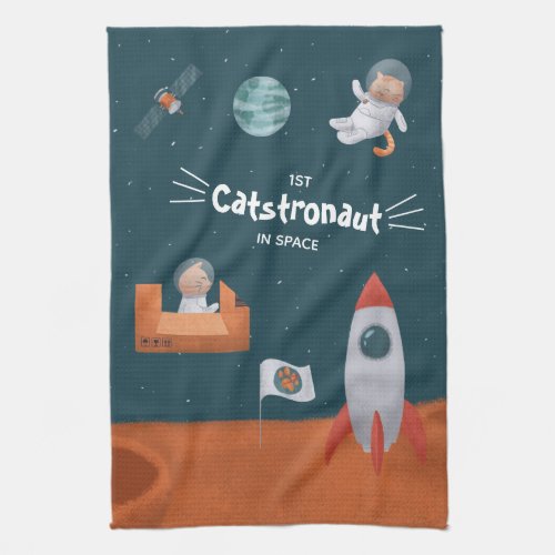 Whimsical Catstronaut in Space Cats on Mars Fun Kitchen Towel