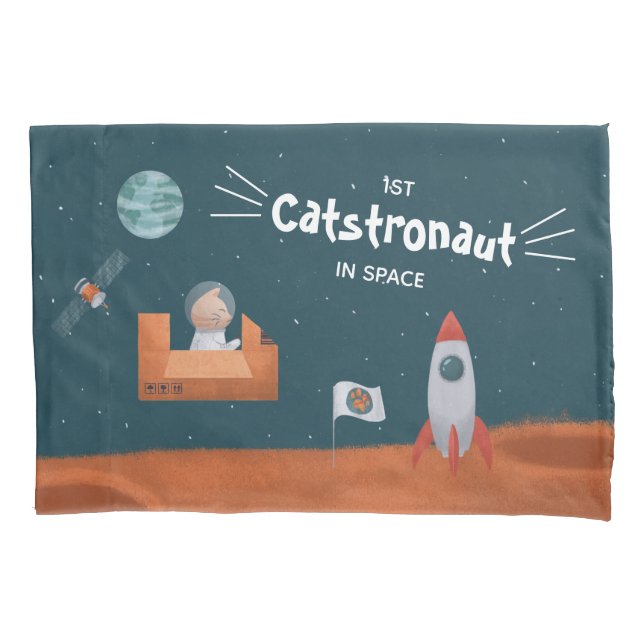 Whimsical Catstronaut in Space, Cats on Mars, Fun Pillow Case (Front)