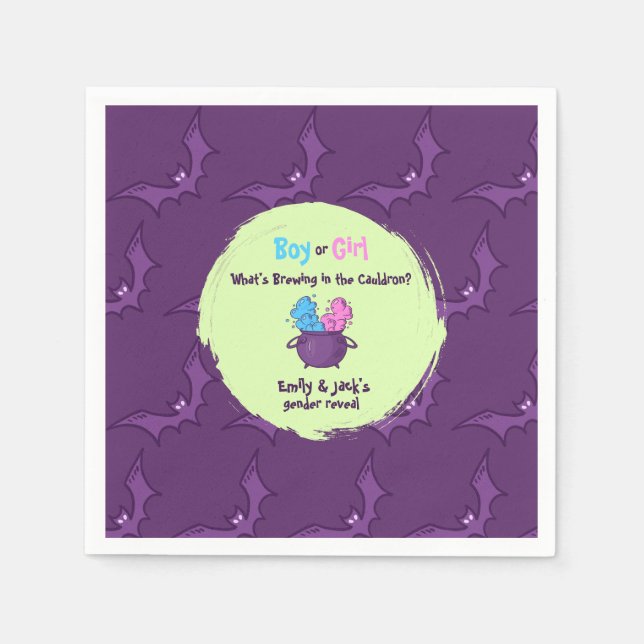 Whimsical Cauldron “Girl or Boy?” Gender Reveal Napkins (Front)