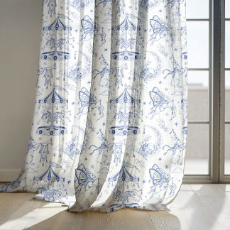 Whimsical Celestial Bunny Blue Toile de Jouy Blackout Curtains