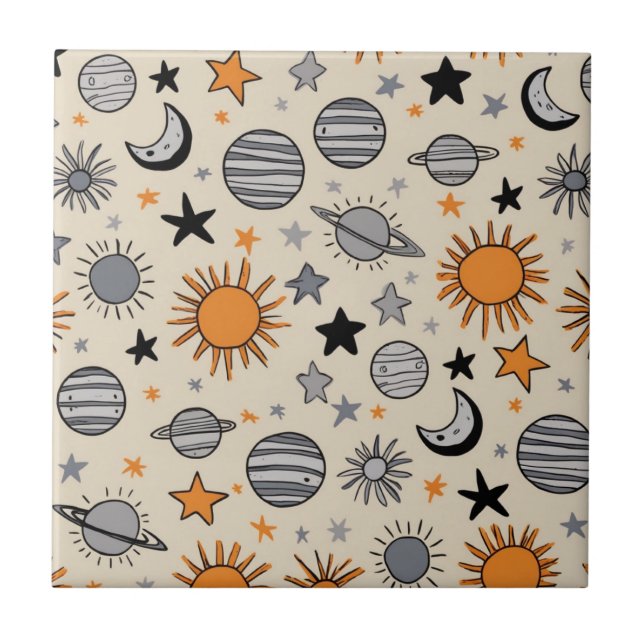Whimsical Celestial Doodle Ceramic Tile (Front)