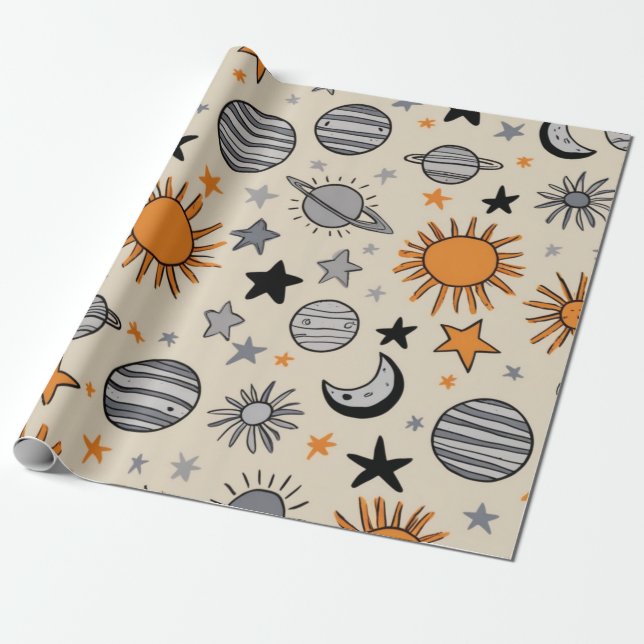 Whimsical Celestial Doodle Wrapping Paper (Unrolled)